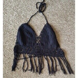 Gypsy Rose Crochet Halter Crop Top Size M/L Black Handmade Festival Hippie Boho